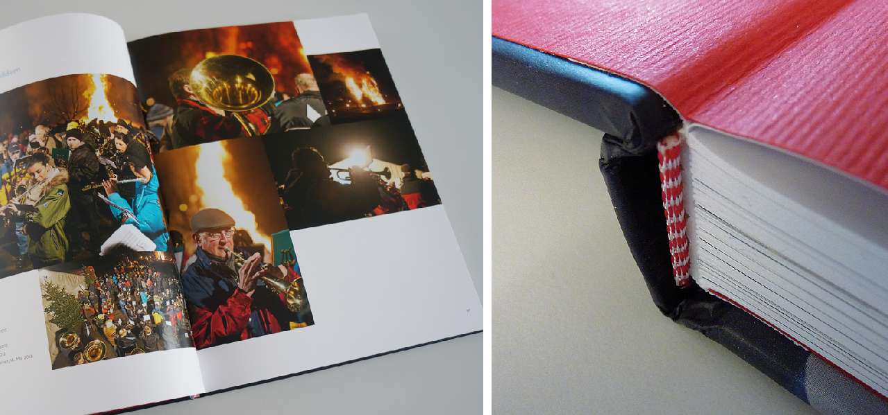 Bildseite und Details der Buchausgestaltung mit Kapitelband passend in rot/weiss analog der Kordel der HMV-Uniform
