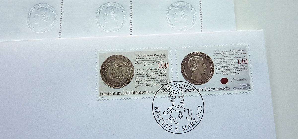 2008, 150 Jahre Verfassung und 150 Jahre Landtag. Die abgebildeten Münzen werden durch eine Prägung zum feinen Relief.
<br>