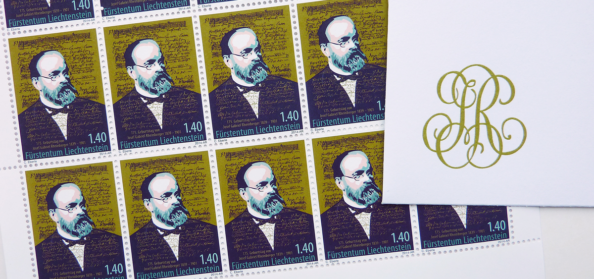 Umsetzung des Porträts von Josef Gabriel Rheinberger. Seine Initialen diente als Vorlage für das Ersttagsbriefsujet