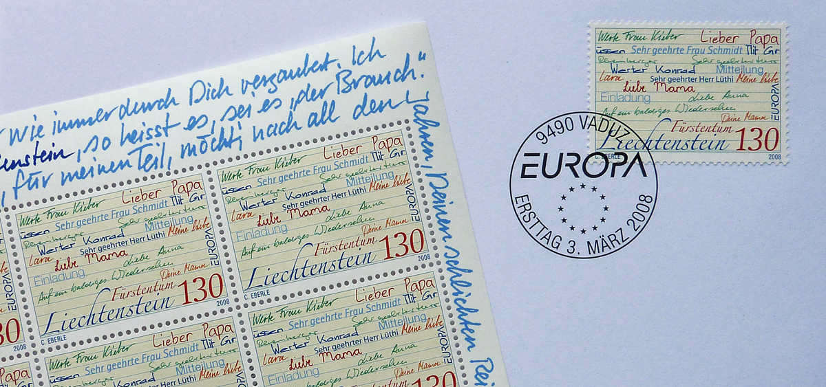 Markenmotiv zum Thema Letters. Der Bogenrand trägt ein handschriftliches Rätsel in Kombination mit einem kleinen Wettbewerb.